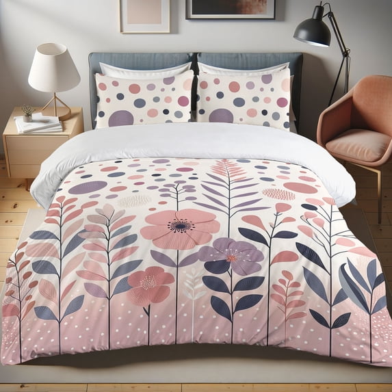 Ambesonne Pink Duvet Cover Set, Simple Mellow Dots Flowers, Queen, Rose Lilac and Coral