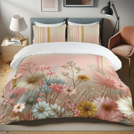 Ambesonne Pink Duvet Cover Set, Vintage Florid Blooms Lines, Calking, Blush Blue Grey and Mustard