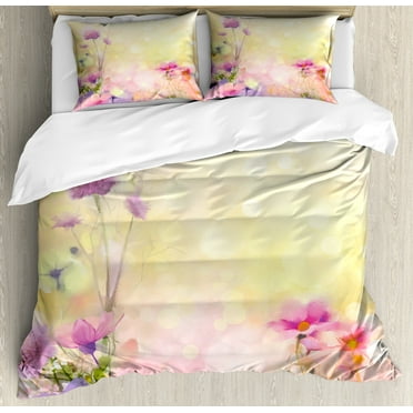Ambesonne Pink Duvet Cover Set, Vintage Magnolia Blooms, Queen, Pink Pale Yellow