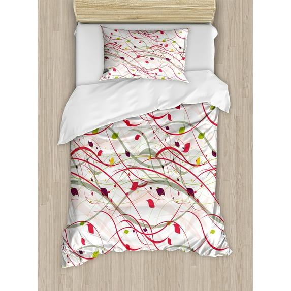 Ambesonne Pink Duvet Cover Sets, Branch Leaves Spring Art, 2-Twin, Red Green