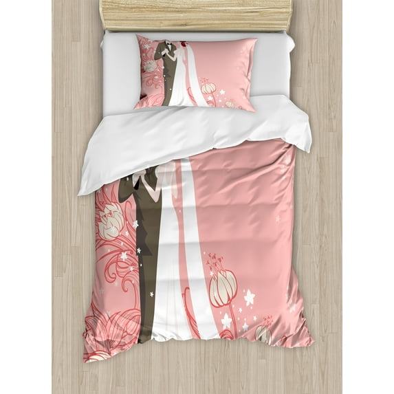 Ambesonne Pink Duvet Cover Sets, Bride Groom Dancing Floral, 2-Twin, Pink Black White