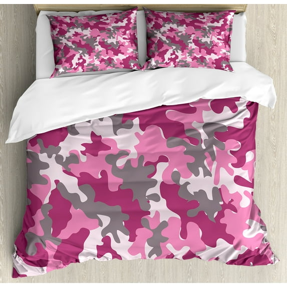 Ambesonne Pink Duvet Cover Sets, Feminine Camo Vibrant, 2-Queen, Magenta Hot Pink Grey