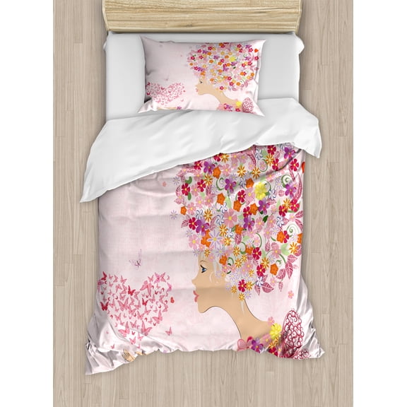 Ambesonne Pink Duvet Cover Sets, Flowers Girl Butterflies, 2-Twin, Multicolor
