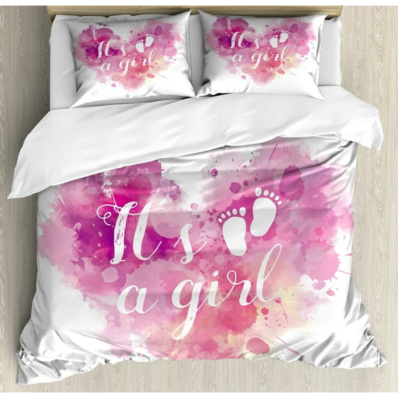 Ambesonne Pink Duvet Cover Sets, Hearts Pastel Girl, 2-King, Fuchsia White Pink