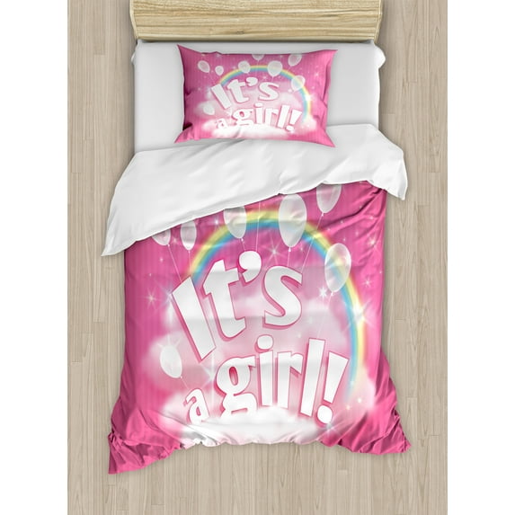 Ambesonne Pink Duvet Cover Sets, Its a Girl Words, 2-Twin, Pale Pink