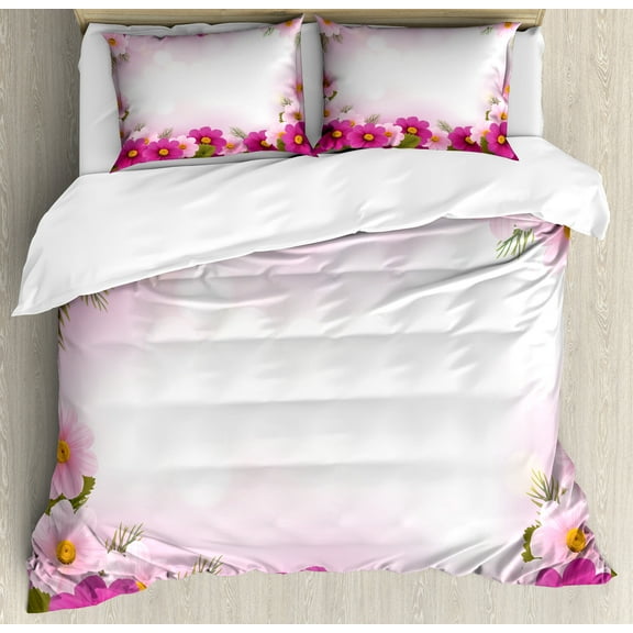 Ambesonne Pink Duvet Cover Sets, Romantic Daisies Framework, 2-Queen, Pink Pale Pink Green