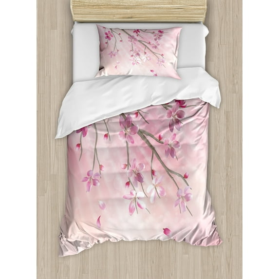 Ambesonne Pink Duvet Cover Sets, Tree Branch with Flowers, 2-Twin, Pink Fuchsia