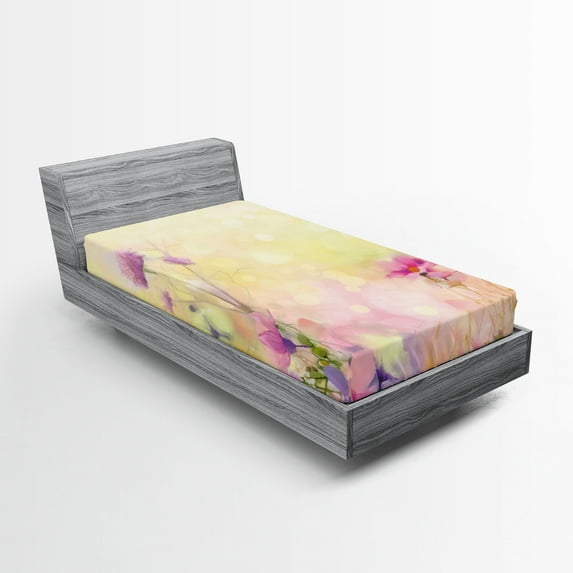 Ambesonne Pink Fitted Sheet 2 Pcs Set, Vintage Magnolia Blooms, Twin, Pink Pale Yellow