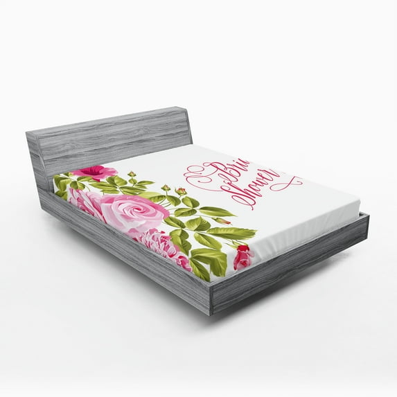 Ambesonne Pink Fitted Sheet, Bride Shabby Flowers, Queen Size, Pale Pink Hot Pink