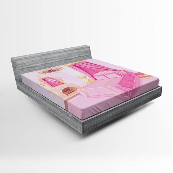 Ambesonne Pink Fitted Sheet, Cartoon Bedroom Interior, Full Size, Pink Yellow