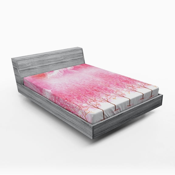 Ambesonne Pink Fitted Sheet, Cherry Trees Feathers, Full Size, Pale Pink White