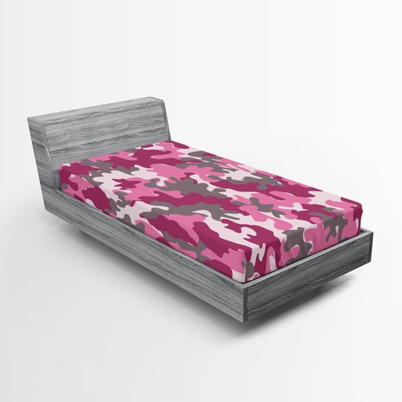 Ambesonne Pink Fitted Sheet, Feminine Camo Vibrant, Twin Size, Magenta Hot Pink Grey