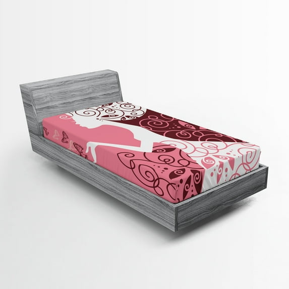 Ambesonne Pink Fitted Sheet, Girl Butterflies Flowers, Twin XL Size, Pale Pink Maroon White