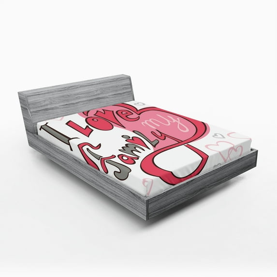 Ambesonne Pink Fitted Sheet, I Love Family Hearts Swirl, Queen Size, Pink Grey White