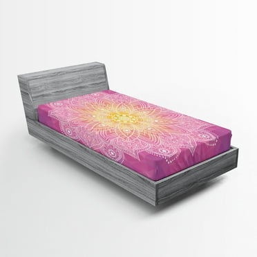 Ambesonne Pink Fitted Sheet, Mandala Floral Art, Twin Size, Fuchsia Yellow