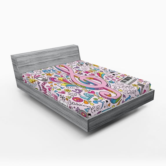 Ambesonne Pink Fitted Sheet, Music Clef Groovy Doodles, Queen Size, Multicolor