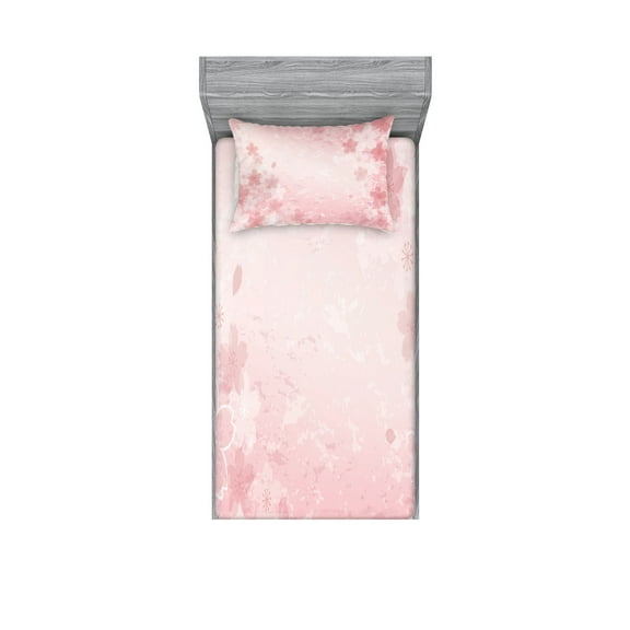 Ambesonne Pink Fitted Sheet & Pillow Sham Set, Cherry Blossom Floral Art, Twin, Pink