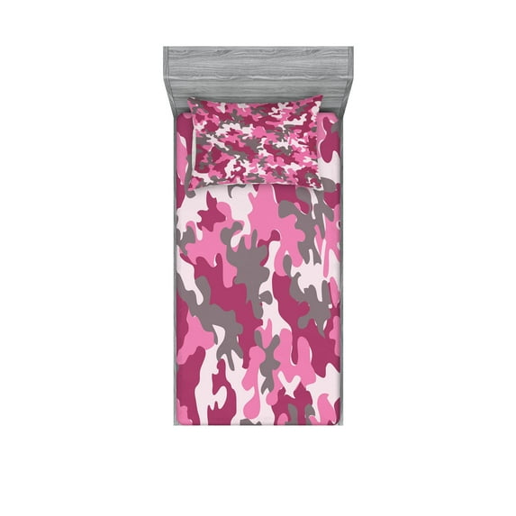 Ambesonne Pink Fitted Sheet & Pillow Sham Set, Feminine Camo Vibrant, Twin, Magenta Hot Pink Grey