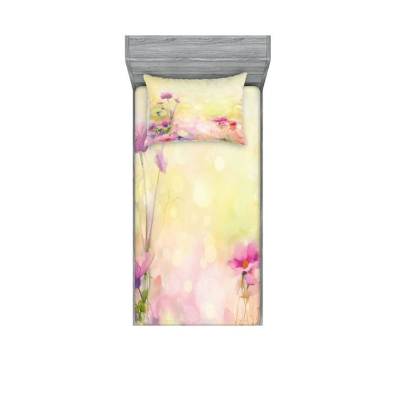 Ambesonne Pink Fitted Sheet & Pillow Sham Set, Vintage Magnolia Blooms, Twin, Pink Pale Yellow