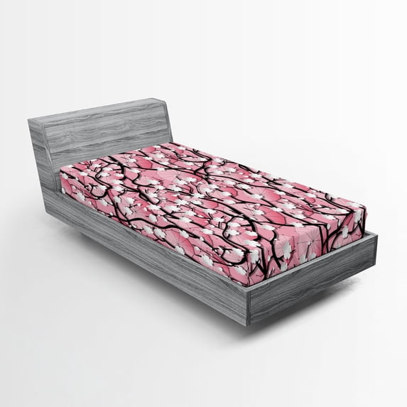 Ambesonne Pink Fitted Sheet, Sakura Tree Umbrellas, Twin XL Size, Black Pink