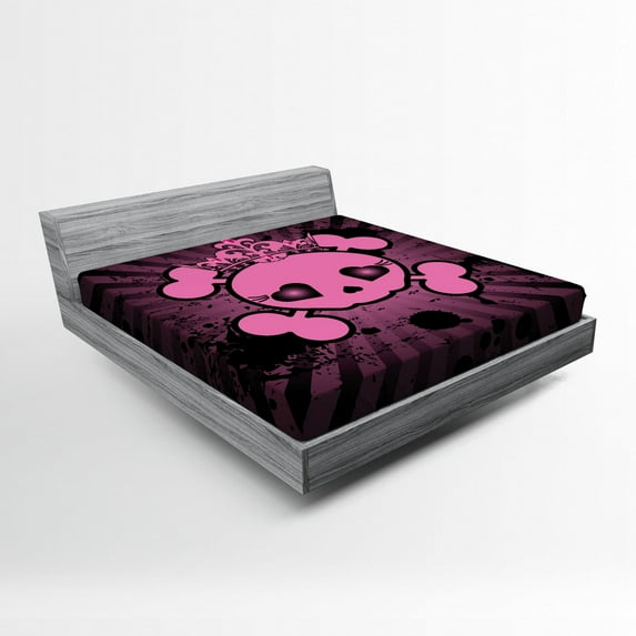 Ambesonne Pink Fitted Sheet, Skull Grunge Pop Art, Full Size, Pink Black