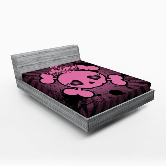 Ambesonne Pink Fitted Sheet, Skull Grunge Pop Art, Queen Size, Pink Black