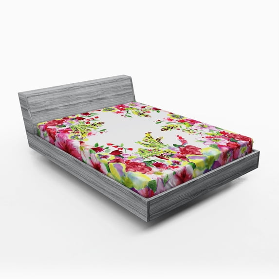 Ambesonne Pink Fitted Sheet, Summer Bud Spring, Queen Size, Green and Pink