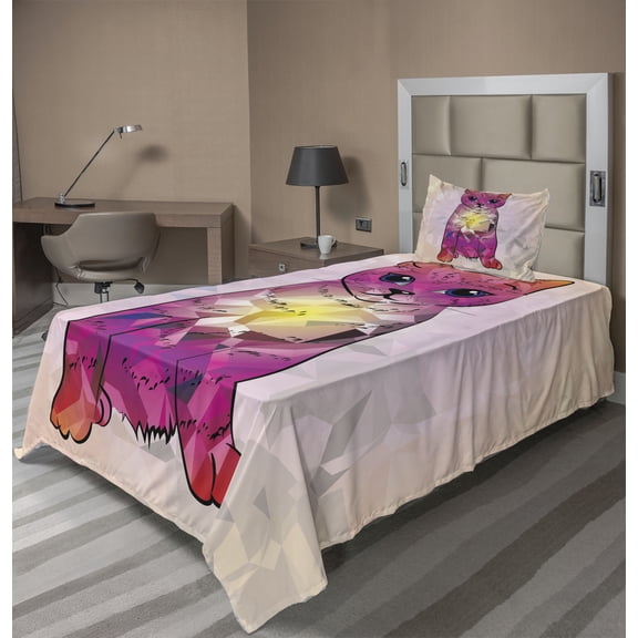 Ambesonne Pink Fitted & Top Sheet Set with Sham, Retro Digital Robot Cat, Pink Fuchsia