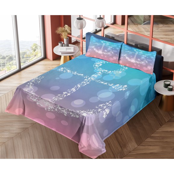 Ambesonne Pink Fitted & Top Sheet Set with Shams, Abstract Blurry Landscape, Pink Blue