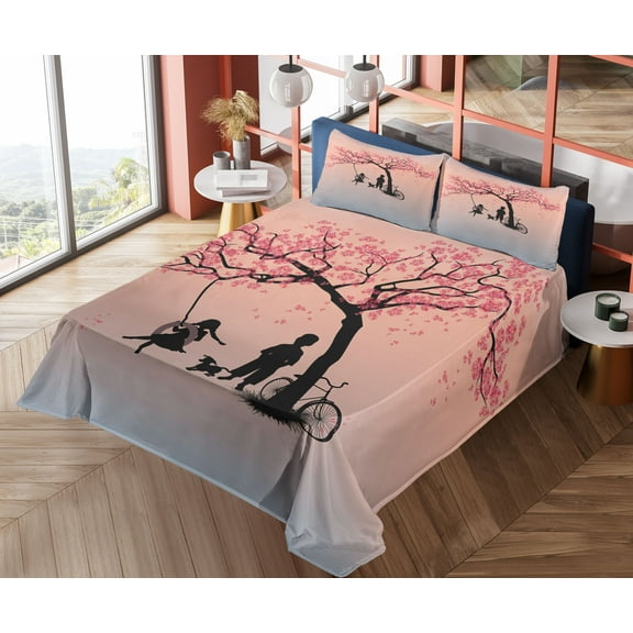 Ambesonne Pink Fitted & Top Sheet Set with Shams, Springtime Blossom, Pink Black