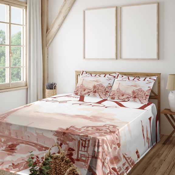 Ambesonne Pink Fitted & Top Sheet Set with Shams, Vintage Watercolor Paris, Pink