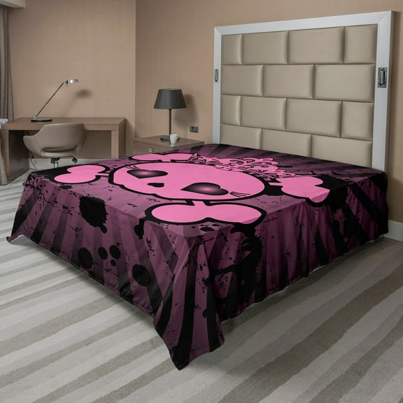 Ambesonne Pink Flat Sheet, Skull Grunge Pop Art, King Size, Pink Black