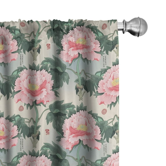 Ambesonne Pink Floral Window Curtains, Asian Garden Peonies, Each 28" W x 84" L, Grey Teal Eggshell