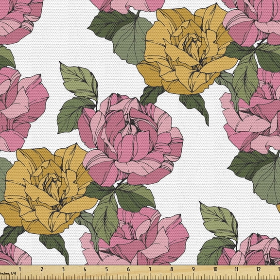 Ambesonne Pink Floral Fabric by the Yard Upholstery, Botanical Spring Blooms, 1 Yard, White Pink Dark Yellow