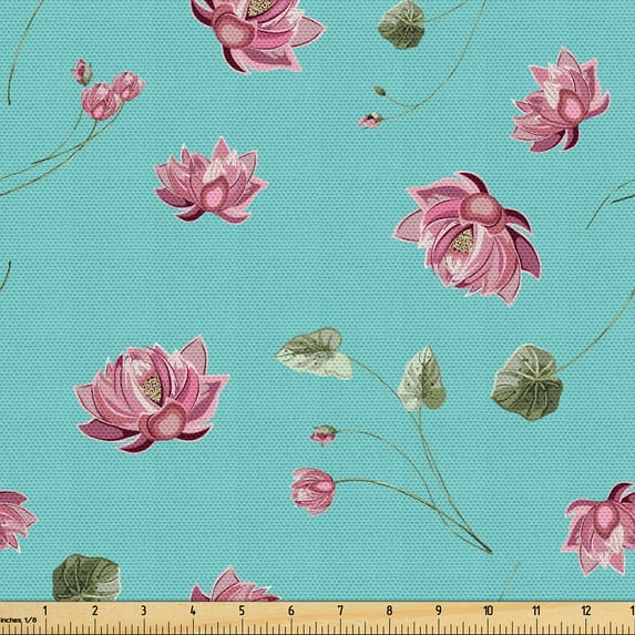 Ambesonne Pink Floral Fabric by the Yard Upholstery, Scattered Lotus Flowers, 5 Yards, Seafoam Dried Rose and Green