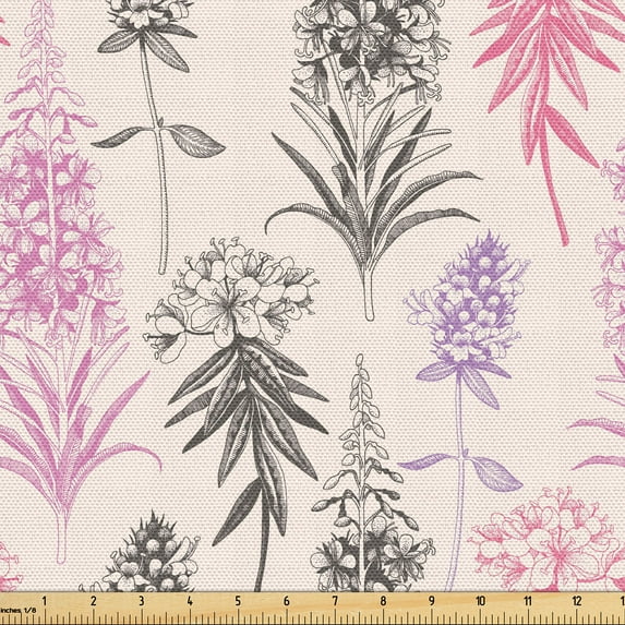 Ambesonne Pink Floral Fabric by the Yard Upholstery, Vintage Outline Garden, 10 Yards, Pink Dimgray and Lilac
