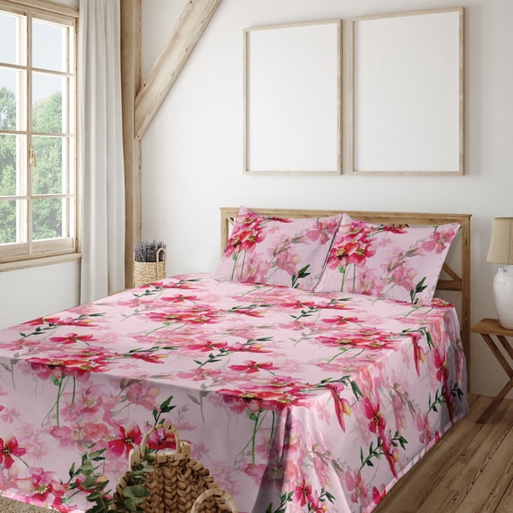 Ambesonne Pink Floral Fitted & Flat Sheet with Sham 3 Pcs Set, Lovers Spring Romance, Twin, Emerald Magenta and Rose