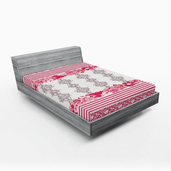 Ambesonne Pink Floral Fitted Sheet, Damask and Ladybugs, Full Size, Pink Grey and Magenta