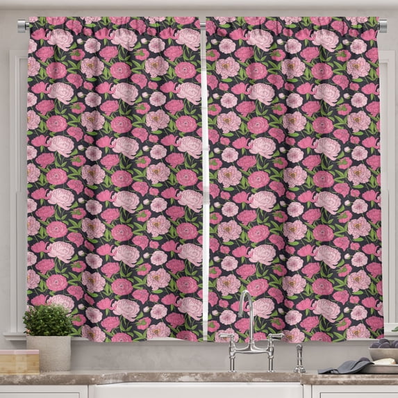Ambesonne Pink Floral Kitchen Curtains, Burgeoning Arrangement, 55"x30", Charcoal Grey Pink Green