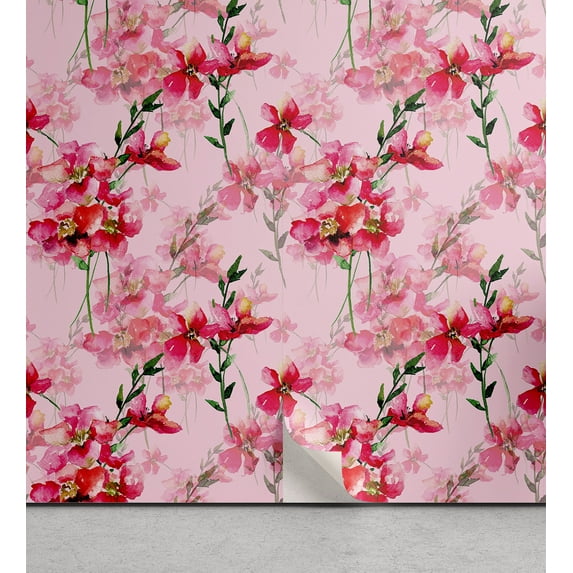 Ambesonne, Pink Floral Peel & Stick Wallpaper for Home, Lovers Spring Romance, 13"x72", Emerald Magenta and Rose