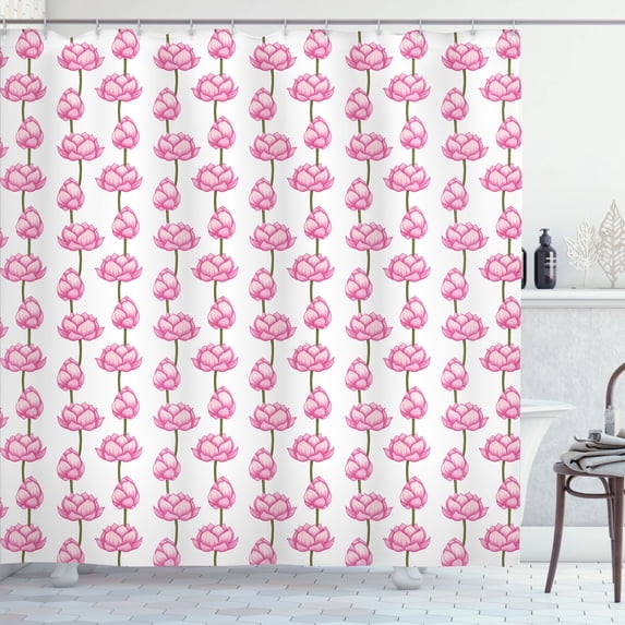 Ambesonne Pink Floral Shower Curtain, Flowering Lotus Branch, 69"Wx70"L, Olive Green Pink and White