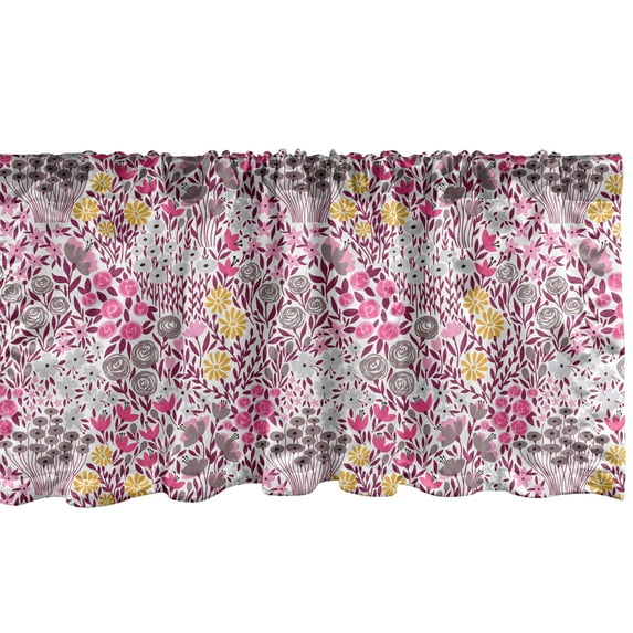 Ambesonne Pink Floral Window Valance, Abstract Garden with Various Flowers Blossom Spring Fun Pattern, Curtain Valance for Kitchen Bedroom Decor with Rod Pocket, 54" X 12", Dark Magenta Multicolor
