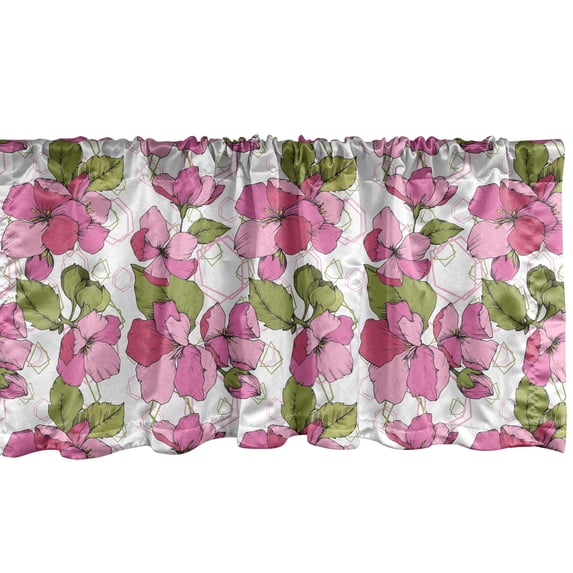Ambesonne Pink Floral Window Valance, Blooming on Geometric, 54" X 18", Pale Olive Green Pink