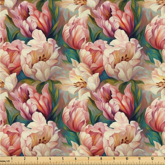 Ambesonne Pink Flowers Fabric by the Yard Upholstery, Expressionist Blooming, 3 Yards, Pale Peach Green Teal