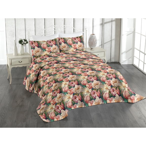 Ambesonne Pink Flowers Quilted Coverlet 2 Pcs, Expressionist Blooming, Twin Size, Pale Peach Green Teal