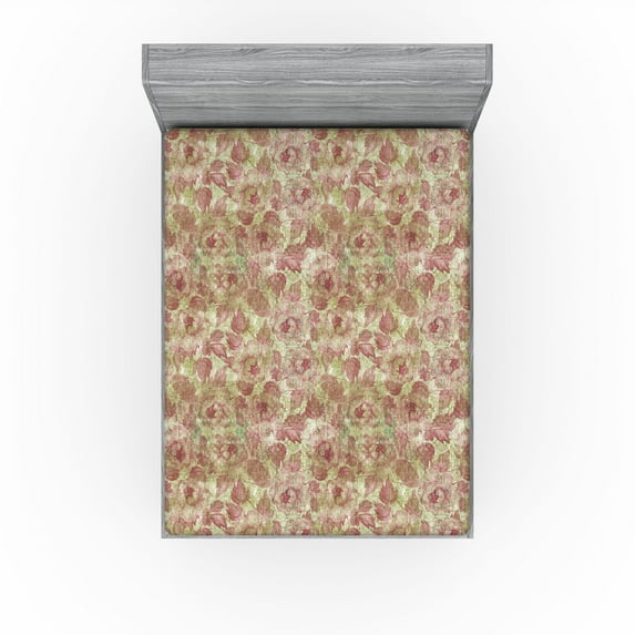 Ambesonne Pink Garden Fitted Sheet, Dreamy Rose Pattern Art, Full Size, Blush Pistachio Green