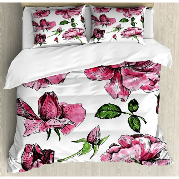 Ambesonne Pink Green Duvet Cover Set, Garden Flowers Rose Buds, 2-Calking, Pale Pink Hot Pink