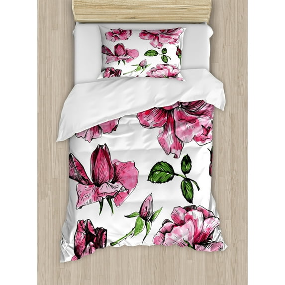 Ambesonne Pink Green Duvet Cover Sets, Garden Flowers Rose Buds, 2-Twin, Pale Pink Hot Pink