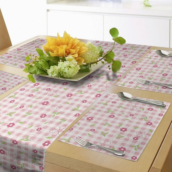 Ambesonne Pink Green Table Runner & Placemats, Checkered Flower Petals, Placemat 4 pcs + Runner 16"x90", Pale Pink White