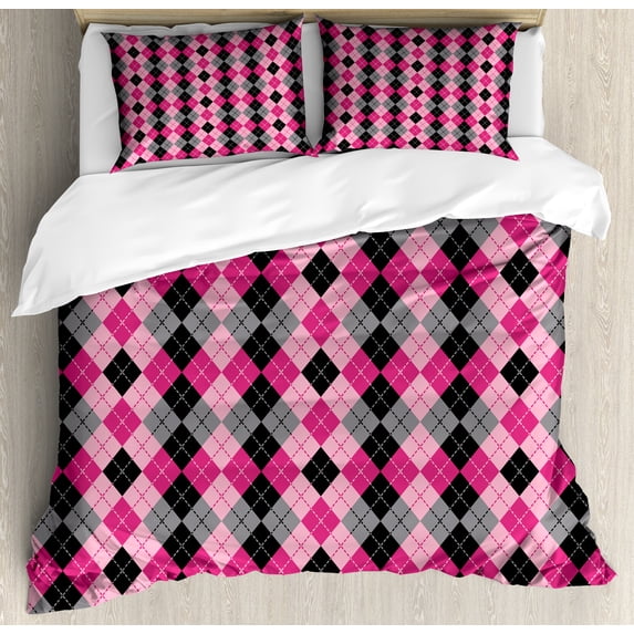 Ambesonne Pink Grey Duvet Cover Set, Diamonds and Lozenges, 2-Calking, Pale Pink Black Grey